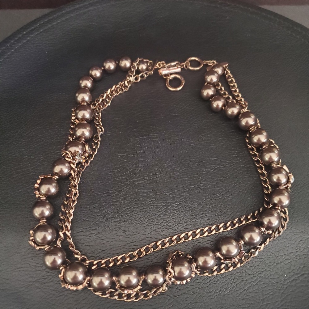 Givenchy Triple Strand Necklace Bronze Tone Beads with Crystal Accents Toggle‎ - Picture 7 of 12